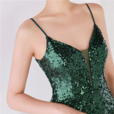 Women Summer Romantic Strap Sleeveless Solid Sequined Mermaid Evening Dress