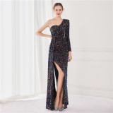 Winter Elegant Sequins Ruffled One Shoulder Long Sleeve Slit Formal Party Evening Dress