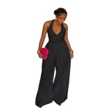 Elegant Halter Neck V-Neck Low-Back Solid Color Wide-Leg Jumpsuit