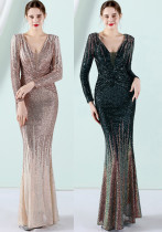 Women Spring Formal V-neck Full Sleeves Gradual change Sequined Mermaid Evening Dress