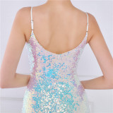 Women Summer Romantic Strap Sleeveless Solid Sequined Mermaid Evening Dress