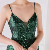 Women Summer Romantic Strap Sleeveless Solid Sequined Mermaid Evening Dress
