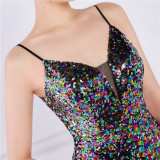Women Summer Romantic Strap Sleeveless Solid Sequined Mermaid Evening Dress
