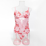 Sexy Butterfly Embroidery Lace-Up Three-Piece Lingerie Set