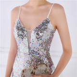 Women Summer Romantic Strap Sleeveless Solid Sequined Mermaid Evening Dress