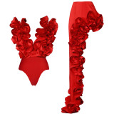 Red Deep V Sexy Ruffled V-neck One-Piece Swimsuit for Women
