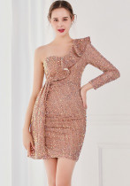 Winter Elegant Sequins Ruffled One Shoulder Long Sleeve Short Formal Party Dress