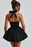 Women Summer Halter Neck Tie-Drawn Bow Puffy Dress