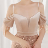 Spring Elegant Sequin Strap Off Shoulder Tassels Short Sleeve V-Neck Slit Long Evening Dress