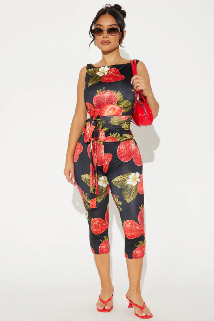 Women's Strawberry Print Two-Piece Pants Set