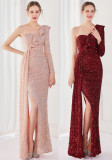 Winter Elegant Sequins Ruffled One Shoulder Long Sleeve Slit Formal Party Evening Dress