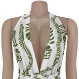 Women Casual Sexy V-Neck Backless Print Jumpsuit