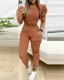 Round Neck Puff Sleeve Top Pants Two-Piece Set