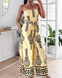 Print Strapless Belt Wide Leg Jumpsuit