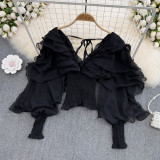 Spring Sexy Deep V-Neck Ruffled Slim Waist Lantern Sleeve Chiffon Shirt