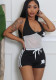 Women's Crop Hollow Contrast Low-Back Vest Shorts Two-Piece Set