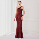 Spring Elegant Bling Bling Sequins One Shoulder Sleeveless Mermaid Formal Cocktail Evening Dress