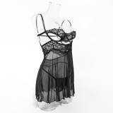 Sexy Hollow Strap Sheer Nightdress Thong Two-Piece Lingerie Set
