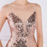 Women Summer Romantic Strap Sleeveless Solid Sequined Mermaid Evening Dress