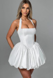 Women Summer Halter Neck Tie-Drawn Bow Puffy Dress