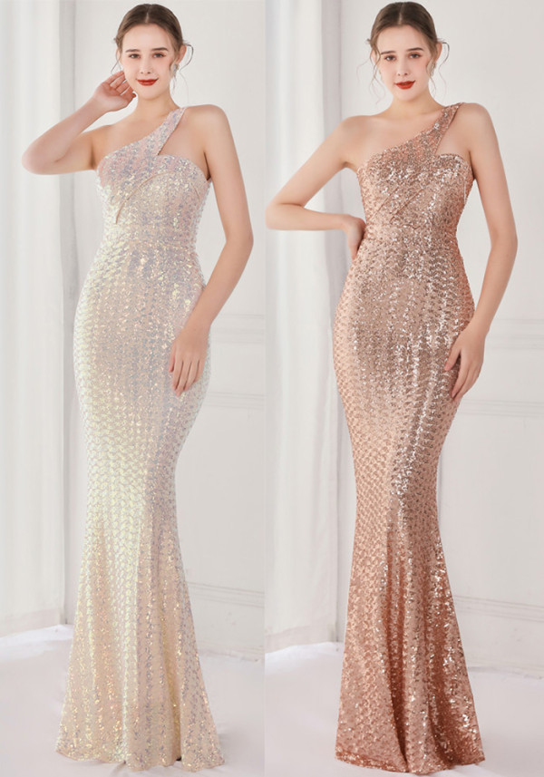 Spring Elegant Bling Bling Sequins One Shoulder Sleeveless Mermaid Formal Cocktail Evening Dress