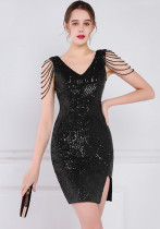 Women Summer Modest V-neck Sleeveless Sequined Mini Slit Club Dress