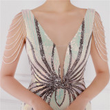 Women Summer Romantic V-neck Short Sleeves Sequined Mermaid Fringed Evening Dress