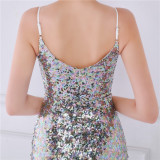 Women Summer Romantic Strap Sleeveless Solid Sequined Mermaid Evening Dress