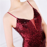 Women Summer Romantic Strap Sleeveless Solid Sequined Mermaid Evening Dress