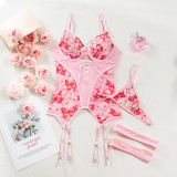 Sexy Butterfly Embroidery Lace-Up Three-Piece Lingerie Set