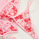 Sexy Butterfly Embroidery Lace-Up Three-Piece Lingerie Set