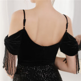 Spring Elegant Sequin Strap Off Shoulder Tassels Short Sleeve V-Neck Slit Long Evening Dress