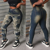 Women's Street Fashion Patch Denim Skinny Pants