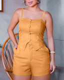Strap Button-Detailed Slit Top & Shorts Set