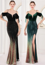 Spring Elegant Sequin Strap Off Shoulder Tassels Short Sleeve V-Neck Slit Long Evening Dress