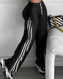 Women's Side Color Block Ribbon High Slit Zipper Wide Leg Sports Pants