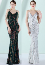 Women Summer Vintage Strap Sleeveless Striped Print Metallic Sequined Mermaid Evening Dress