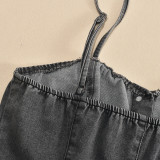 Elastic Denim Strap Single-Breasted Short Bodycon Dress