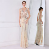 Women Summer Formal V-neck Sleeveless Patchwork Sequined Mermaid Evening Dress