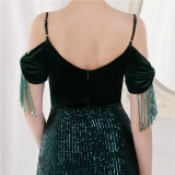 Spring Elegant Sequin Strap Off Shoulder Tassels Short Sleeve V-Neck Slit Long Evening Dress