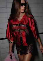 Fashionable Loose Hollow Lace Patchwork Short-Sleeved V-Neck Sheer Sexy Top Fashionable Loose Hollow Lace Patchwork Short-Sleeved V-Neck Sheer Sexy Top