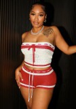 Summer Women's Fashion Knitting Drawstring Contrast Stripes Strapless Two-Piece Shorts Set