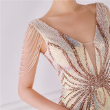 Women Summer Romantic V-neck Short Sleeves Sequined Mermaid Fringed Evening Dress