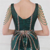 Women Summer Romantic V-neck Short Sleeves Sequined Mermaid Fringed Evening Dress