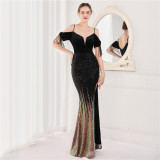 Spring Elegant Sequin Strap Off Shoulder Tassels Short Sleeve V-Neck Slit Long Evening Dress