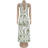 Women Casual Sexy V-Neck Backless Print Jumpsuit