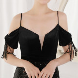 Spring Elegant Sequin Strap Off Shoulder Tassels Short Sleeve V-Neck Slit Long Evening Dress