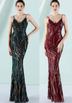 Women Summer Vintage Strap Sleeveless Striped Print Sequined Evening Dress