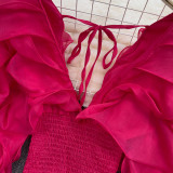 Spring Sexy Deep V-Neck Ruffled Slim Waist Lantern Sleeve Chiffon Shirt