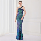 Spring Elegant Bling Bling Sequins One Shoulder Sleeveless Mermaid Formal Cocktail Evening Dress
